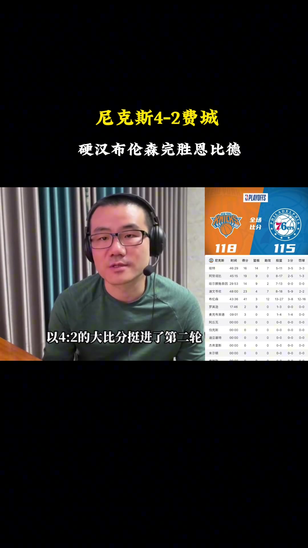 徐静雨点评：76人2:4尼克斯，硬汉布伦森完胜恩比德