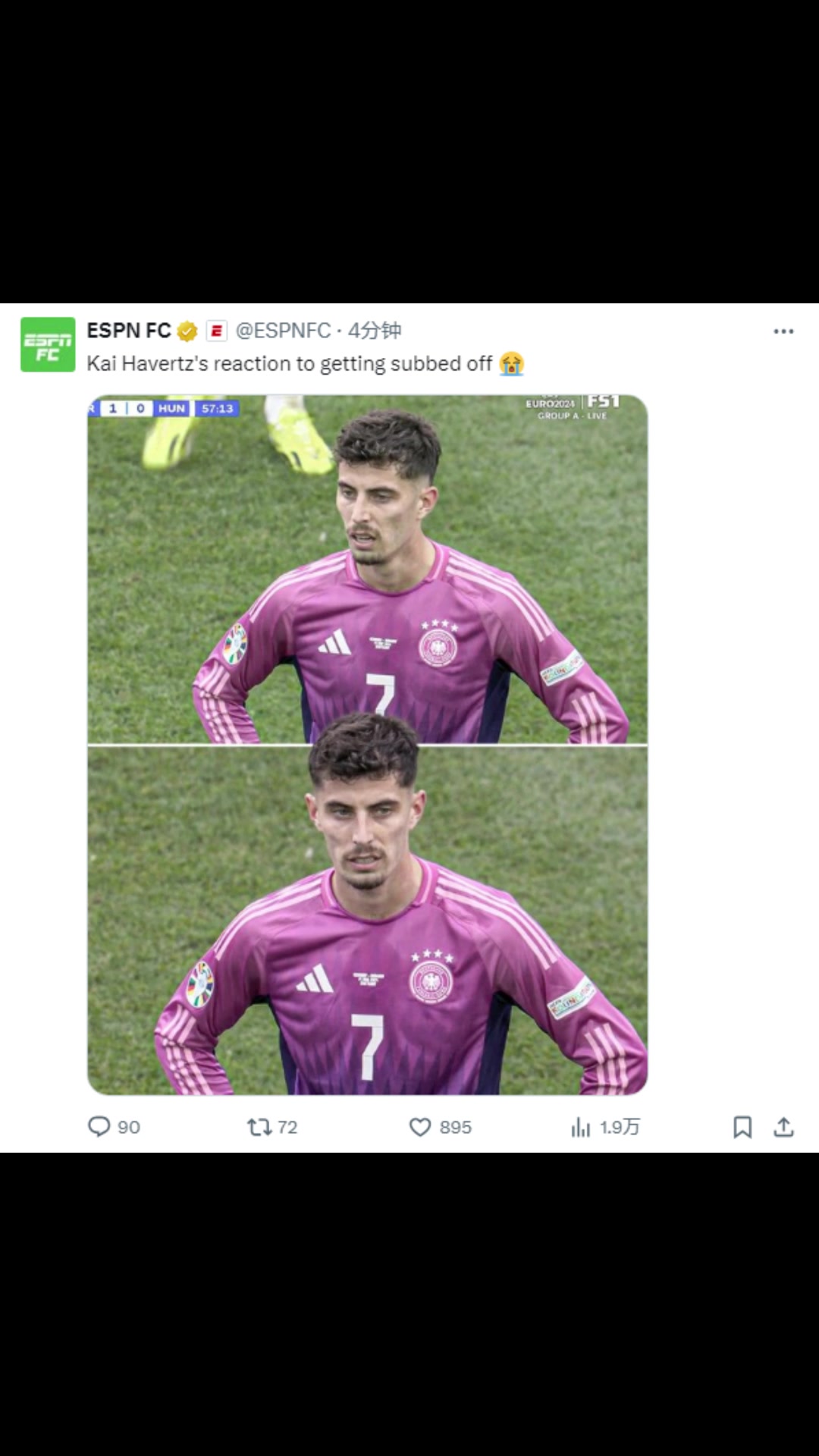 怎么了？ESPN：哈弗茨被换下时的反应????