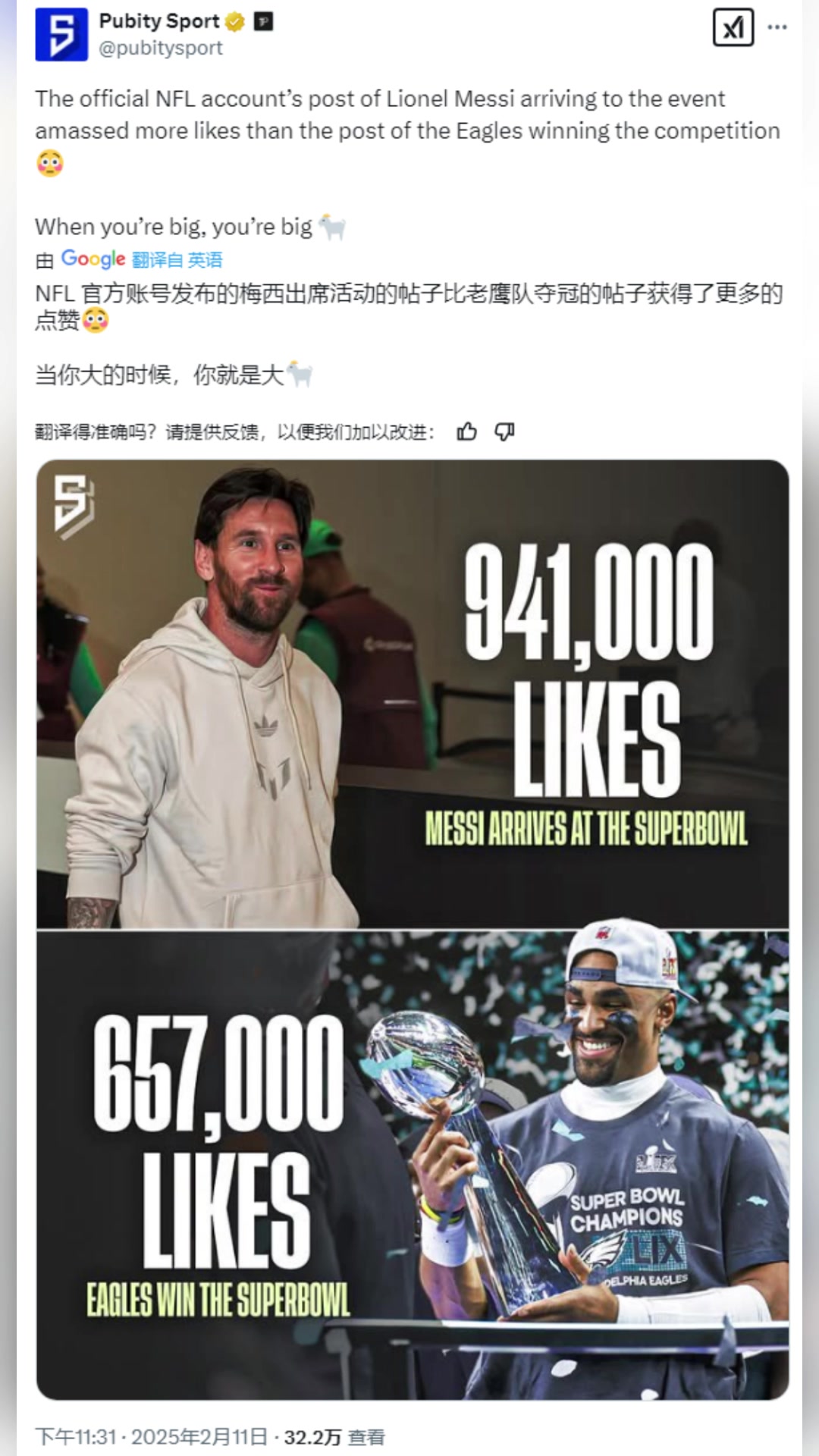 NFL官方发布梅西帖子比老鹰队夺冠帖子点赞数还高????