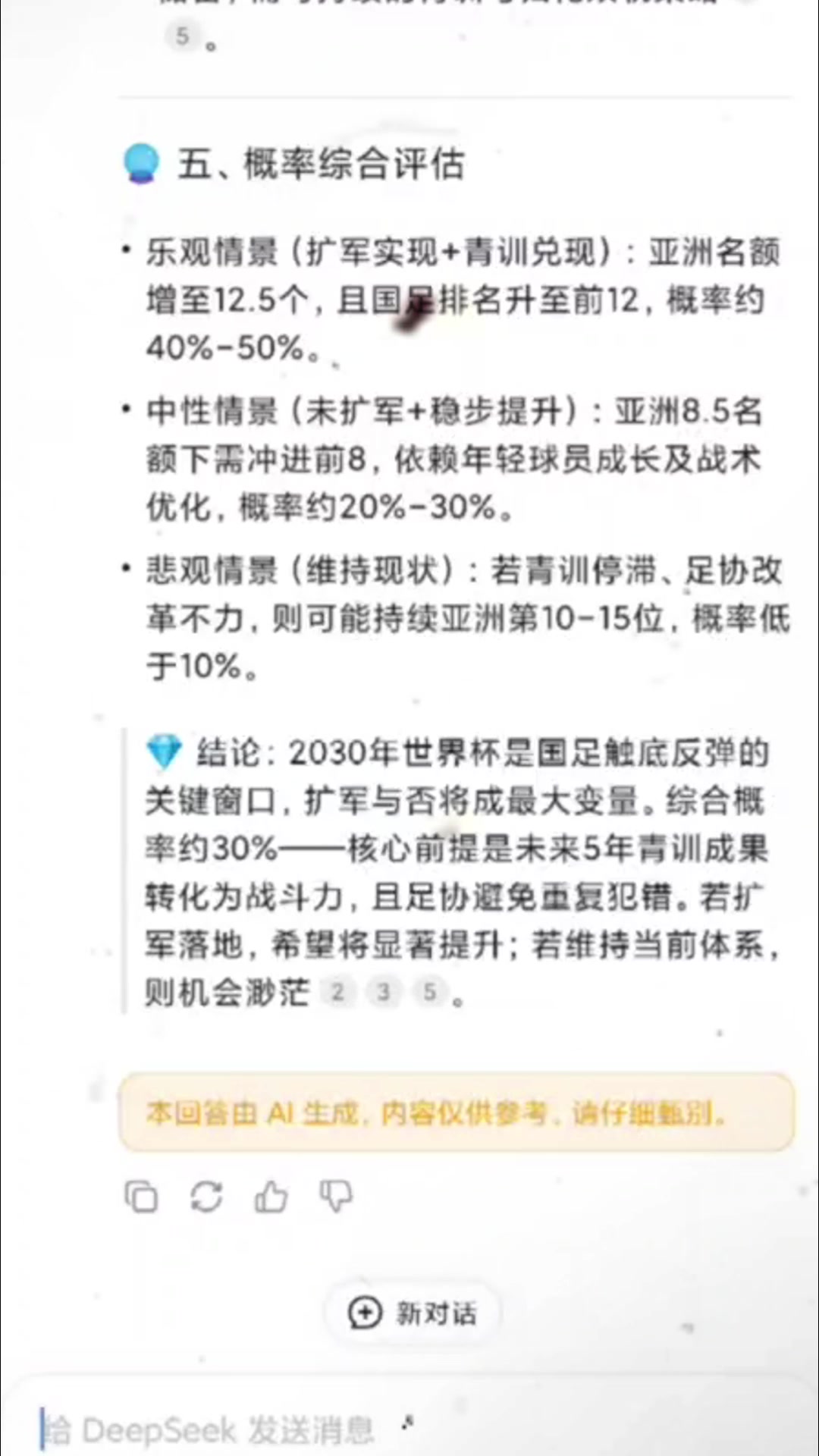 能进吗?？DeepSeek预测国足打进2030年世界杯概率