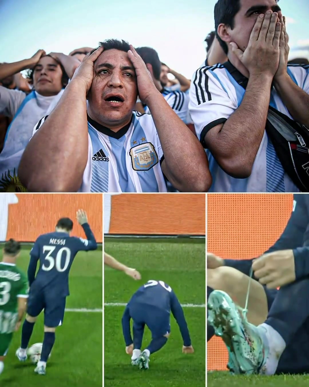 当梅西倒下时 阿根廷球迷的反应????…其实这只是他的鞋被踩掉了