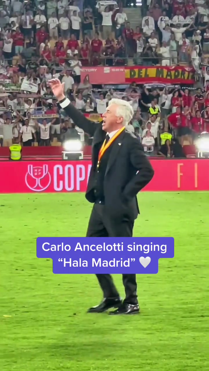 皇马国王杯夺冠，安切洛蒂与球迷合唱“Hala madrid”！